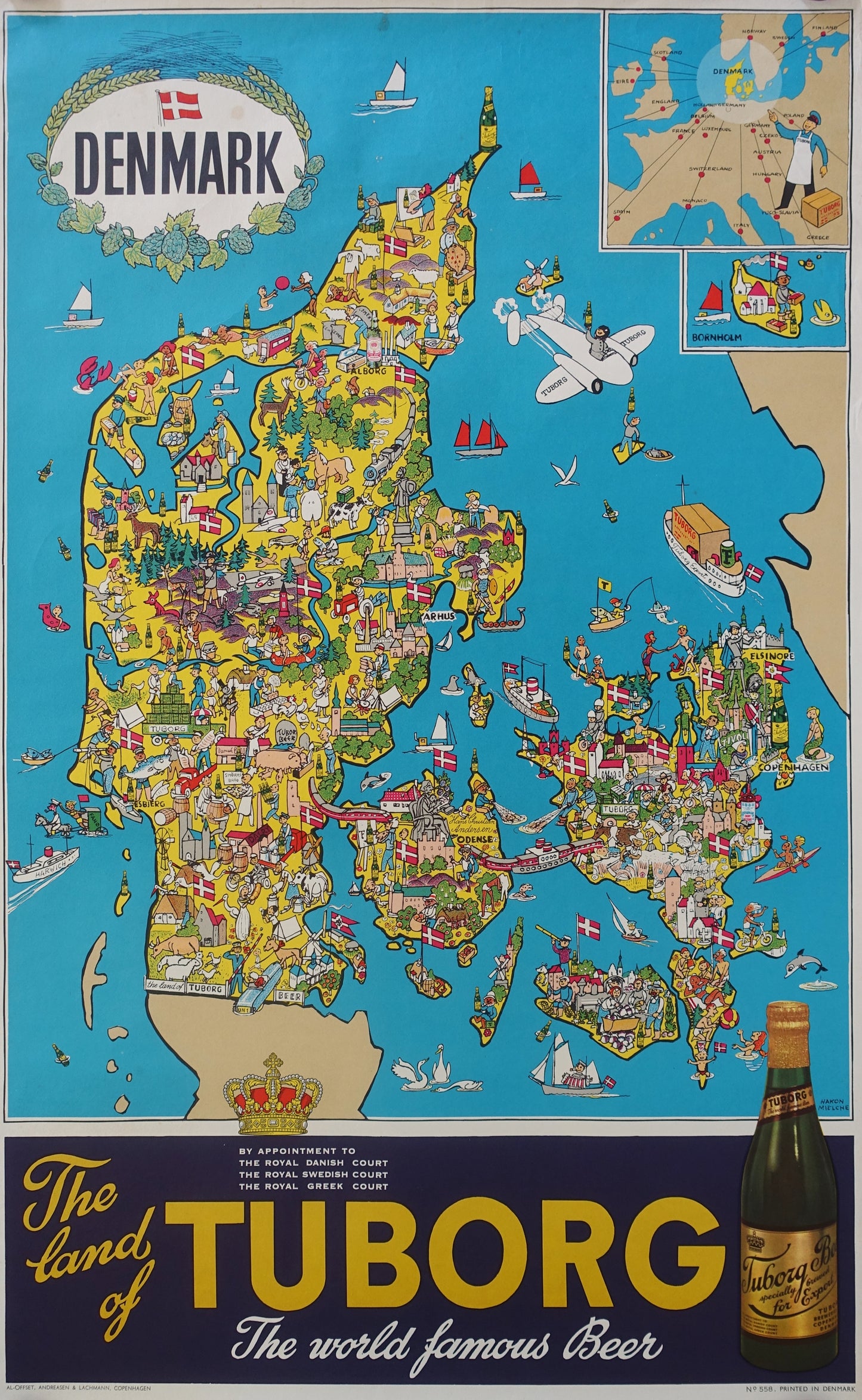1950s Tuborg Beer Advertisement (map of Denmark) - Original Vintage Poster