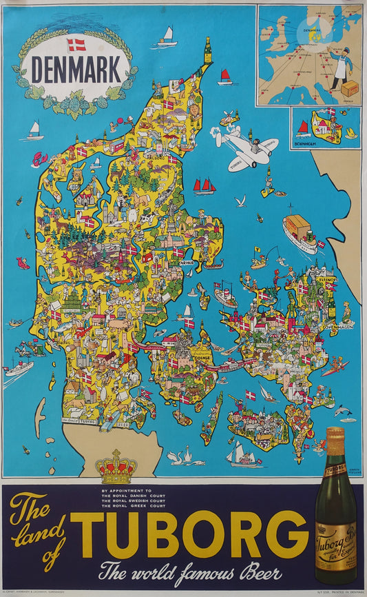1950s Tuborg Beer Advertisement (map of Denmark) - Original Vintage Poster