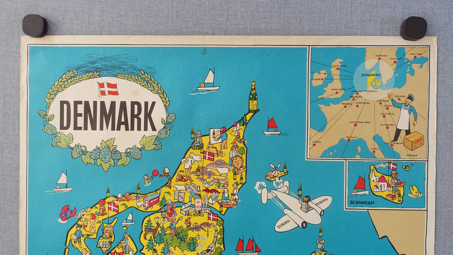 1950s Tuborg Beer Advertisement (map of Denmark) - Original Vintage Poster