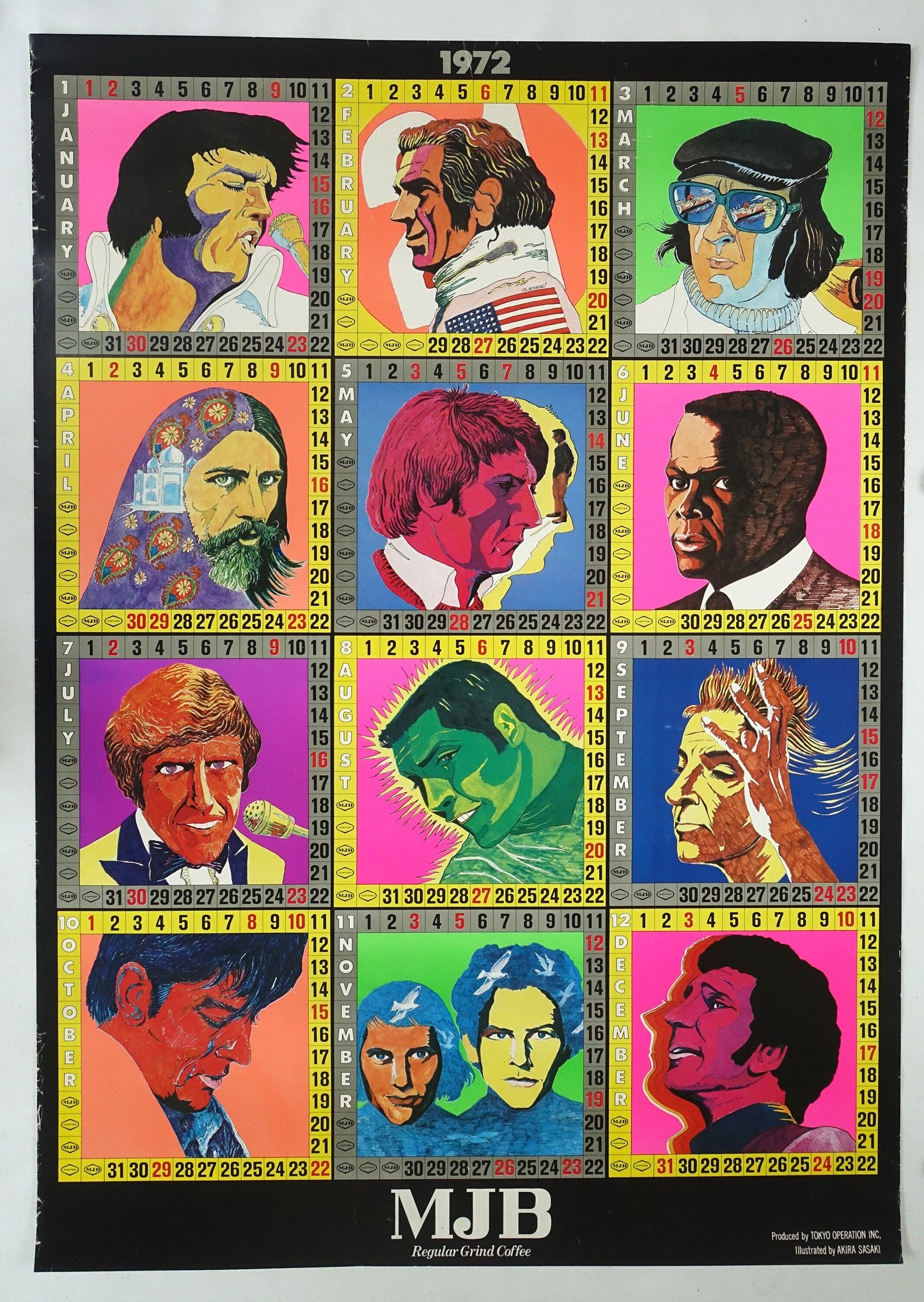 1972 Coffee Celebrities Calendar feat. Elvis Presley, Steve McQueen, Sidney Poitier and more - Original Vintage Poster