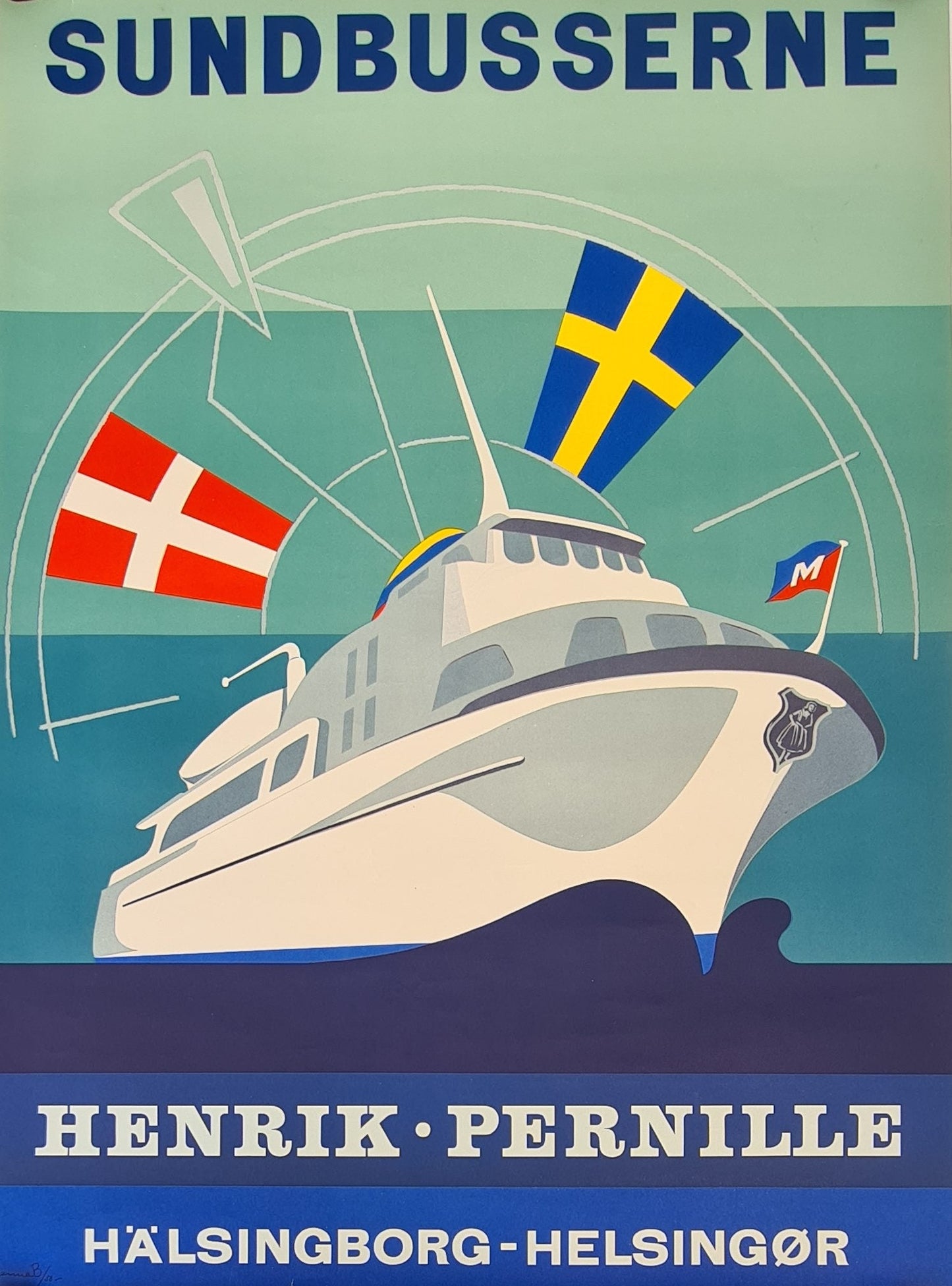 1958 Ferry Route Denmark-Sweden Sundbusserne - Original Vintage Poster