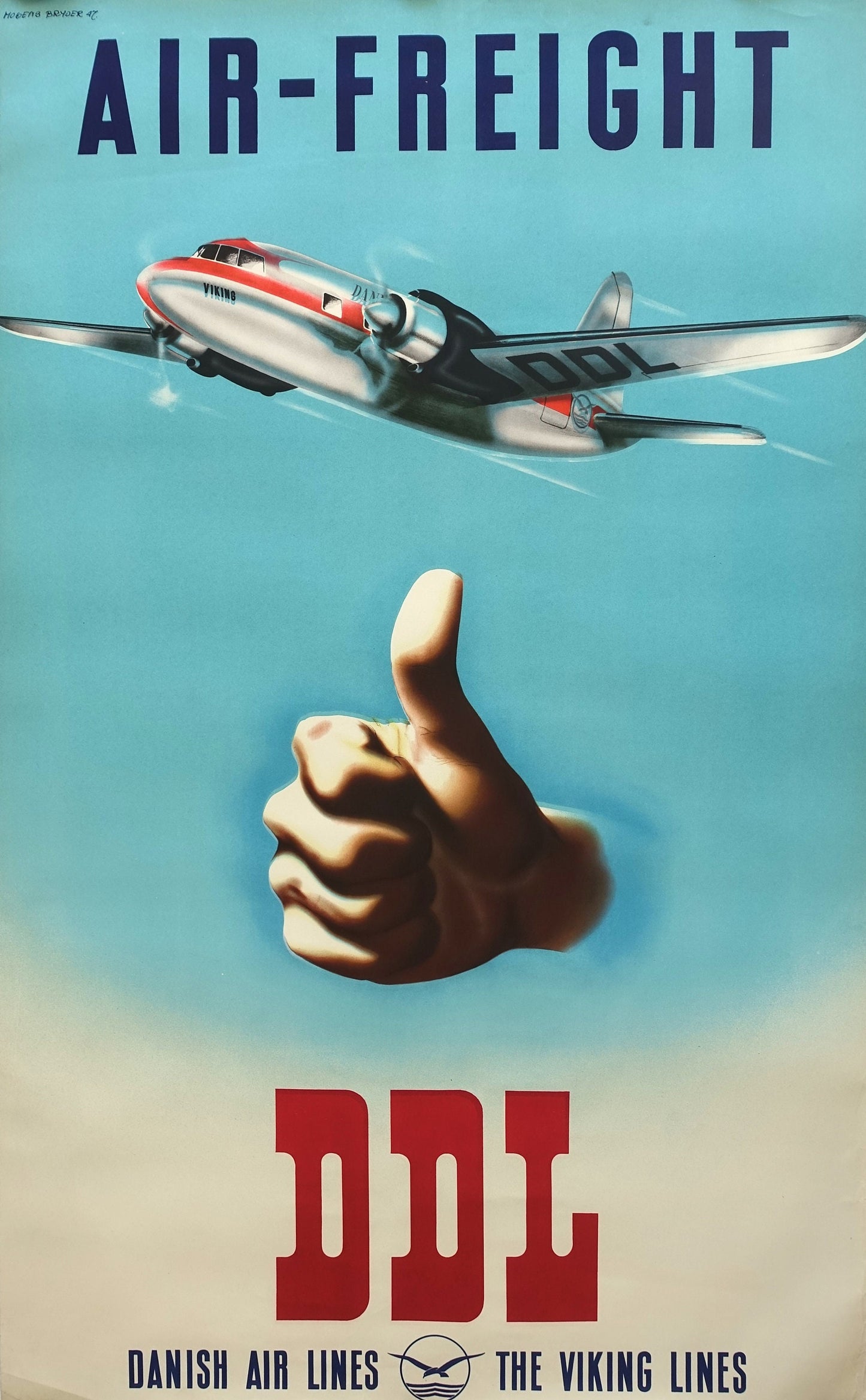 1947 Danish Air Lines DDL by Mogens Bryder - Original Vintage Poster