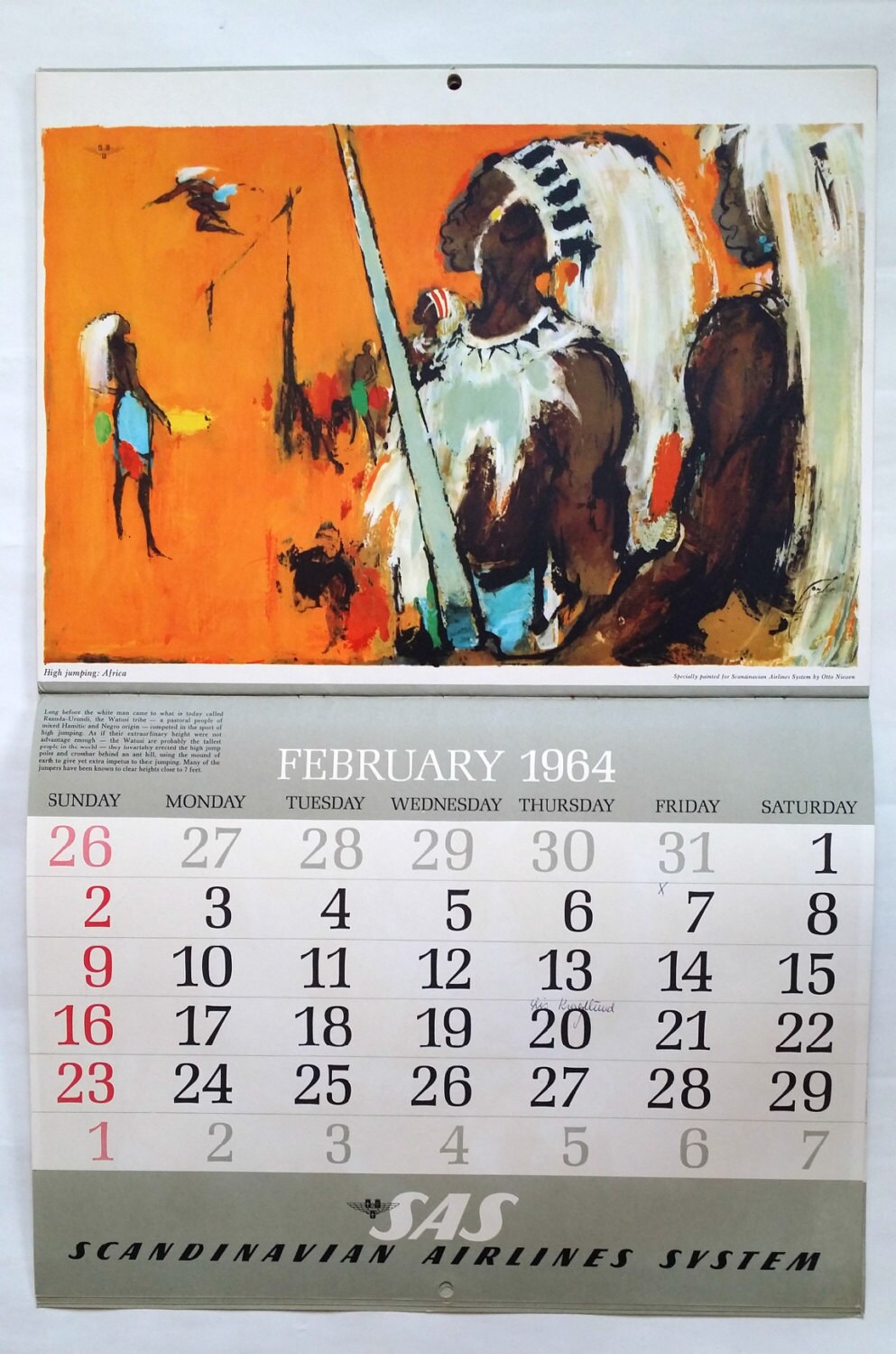 1964 SAS Airlines Calendar by Otto Nielsen - Original Vintage Calendar