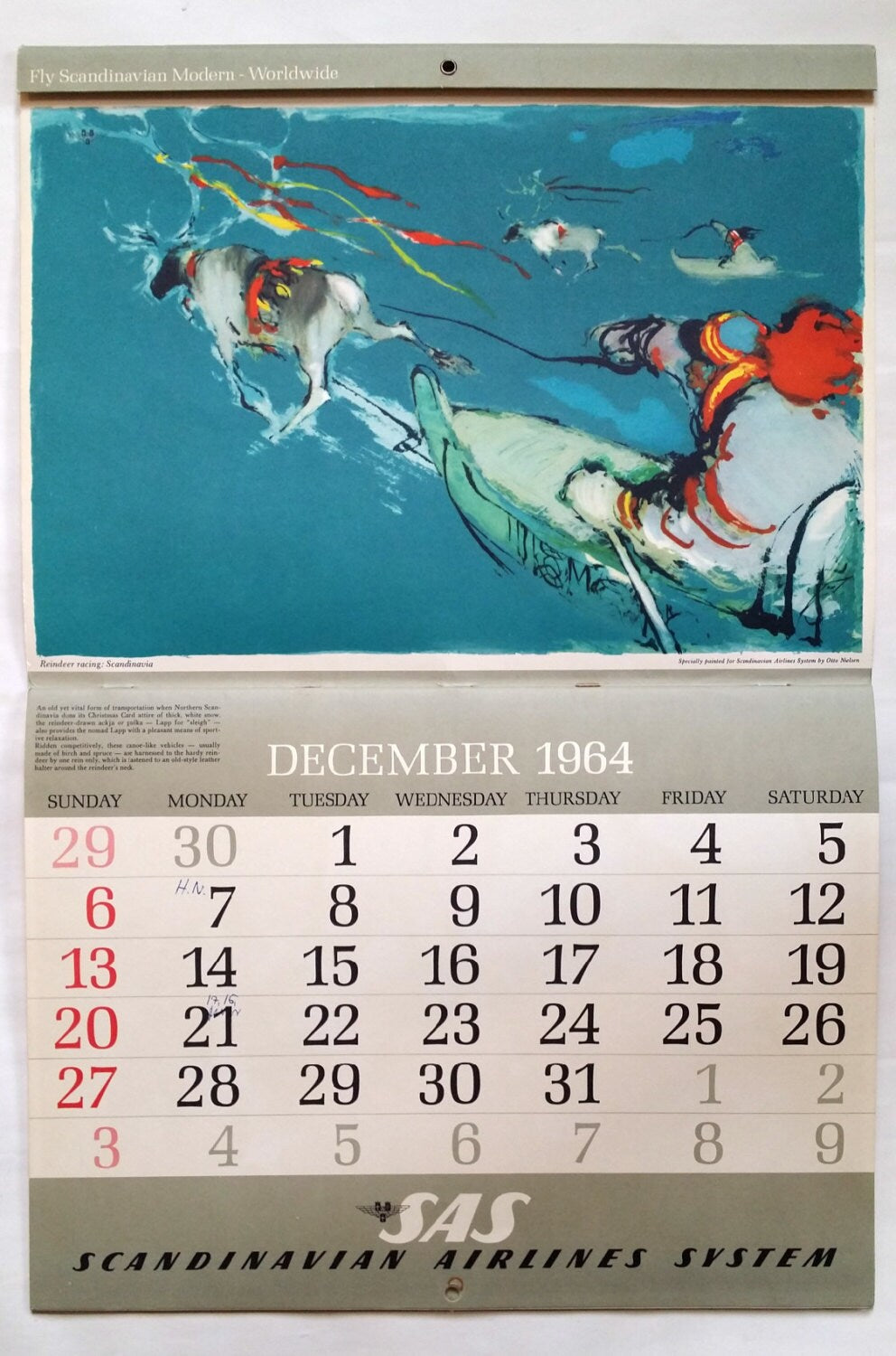 1964 SAS Airlines Calendar by Otto Nielsen - Original Vintage Calendar