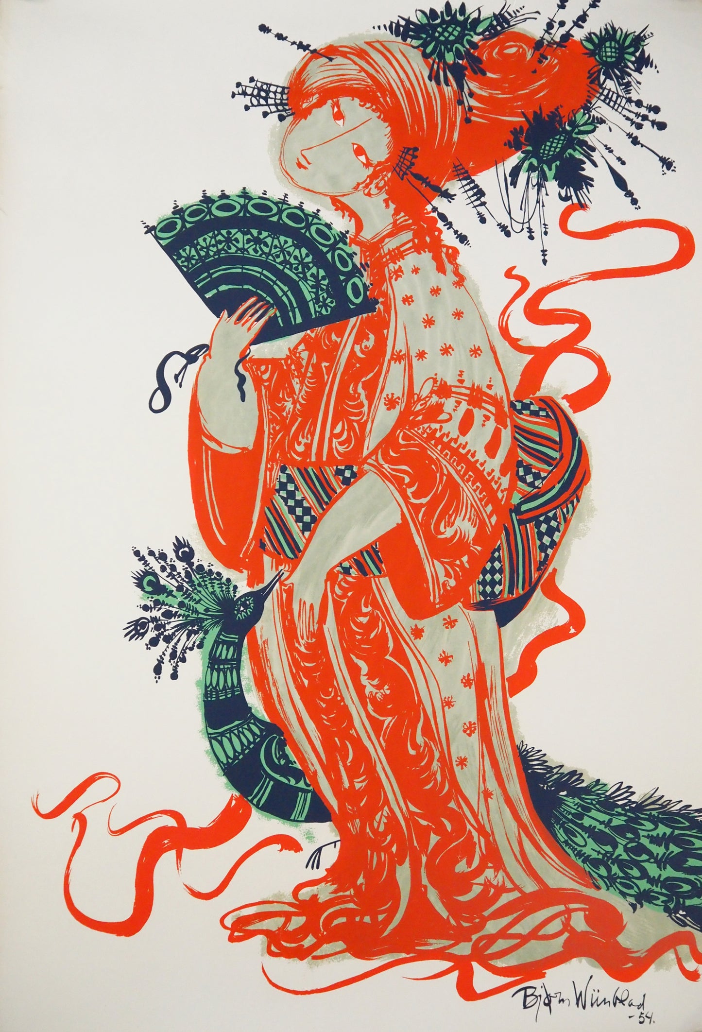 1954 Bjørn Wiinblad's The Teahouse of the August Moon at The New Theater (Red no text version)- Original Vintage Poster