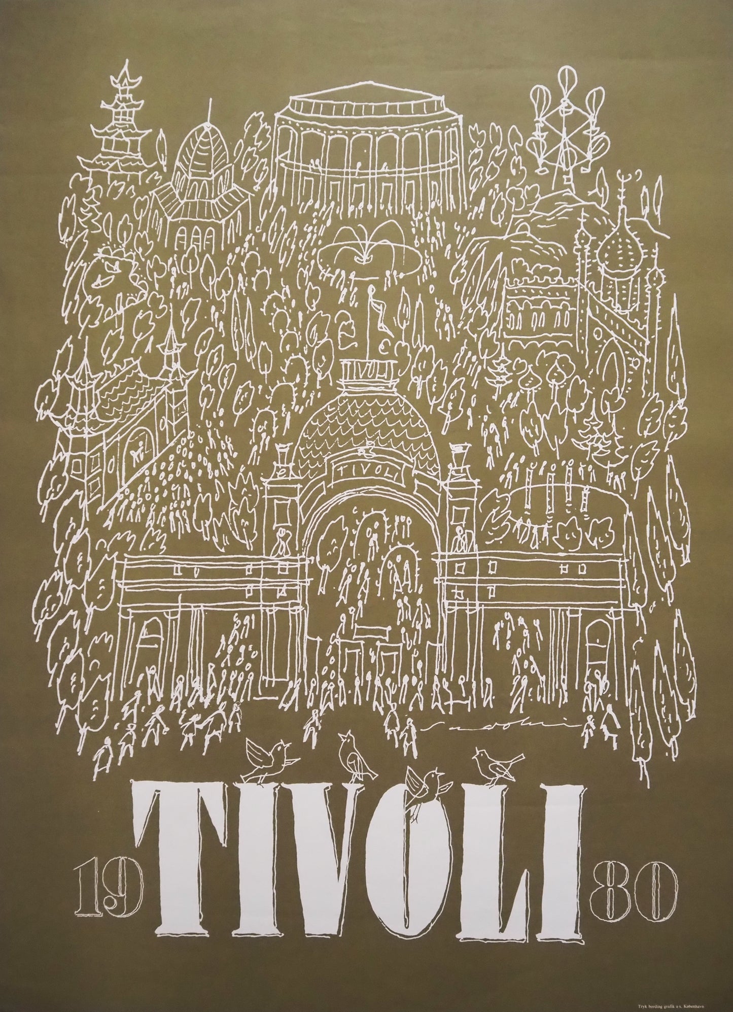 1980 Tivoli Gardens by Ebbe Sadolin (Olive green) - Original Vintage Poster