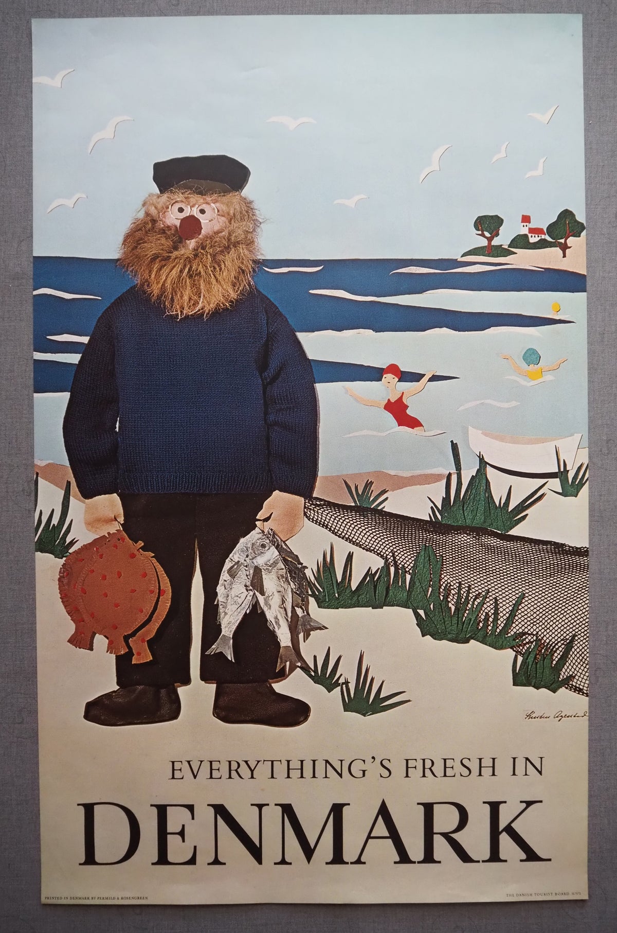 1971 Denmark Travel Poster Fisherman - Original Vintage Poster