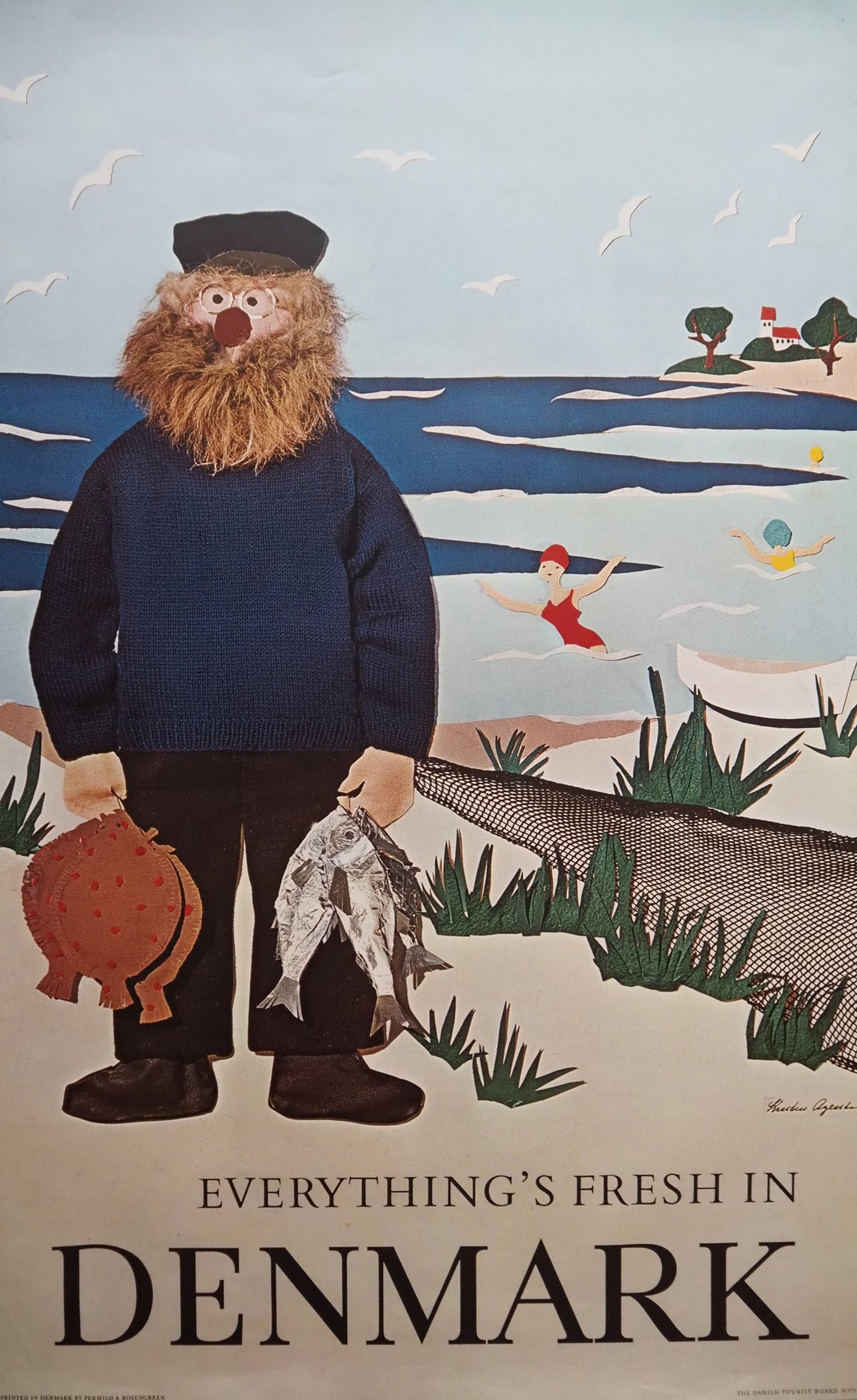 1971 Denmark Travel Poster Fisherman - Original Vintage Poster