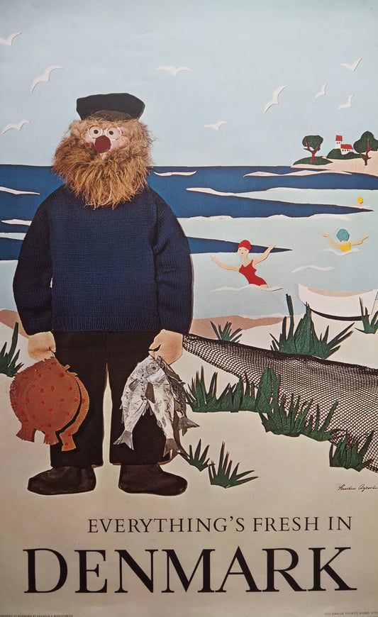 1971 Denmark Travel Poster Fisherman - Original Vintage Poster