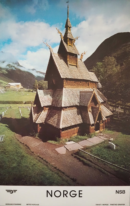 1970s Norway Travel Poster Borgund Stavkirke - Original Vintage Poster