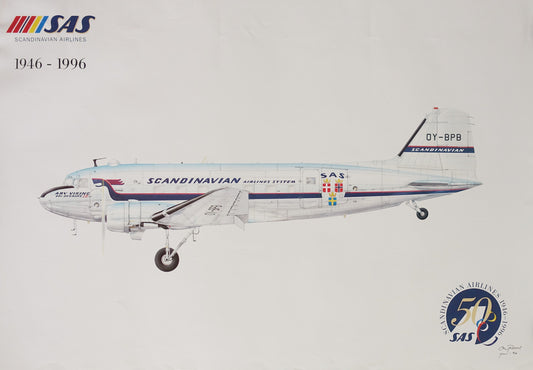 1990s Scandinaivan Airlines 50th Anniversary - Original Vintage Poster