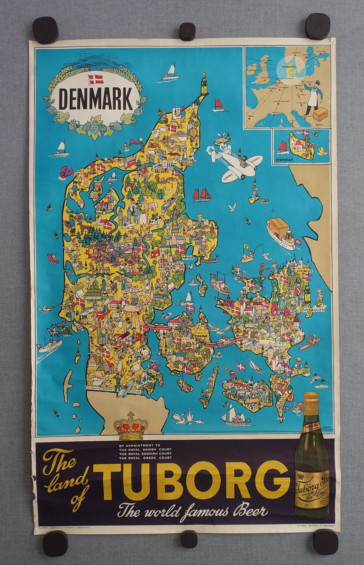 1950s Tuborg Beer Advertisement (map of Denmark) - Original Vintage Poster