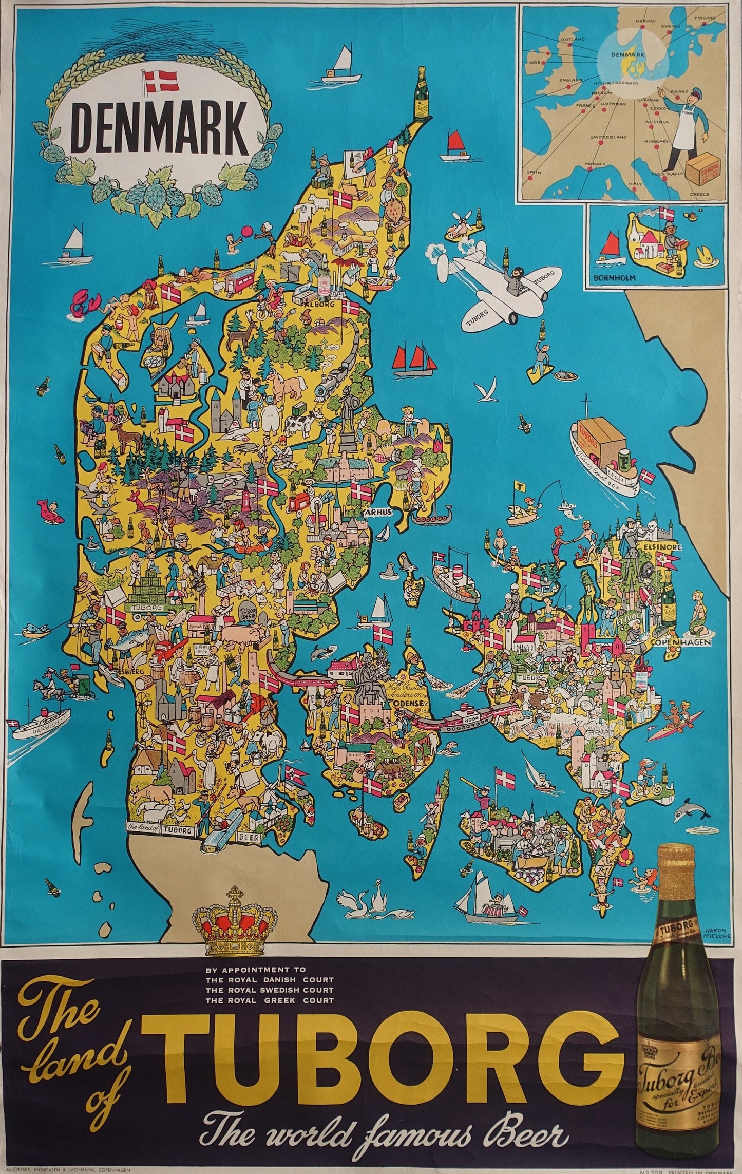 1950s Tuborg Beer Advertisement (map of Denmark) - Original Vintage Poster