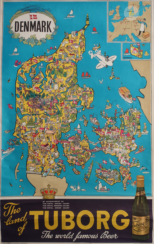 1950s Tuborg Beer Advertisement (map of Denmark) - Original Vintage Poster