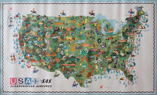1961 SAS Airline Advertisement by Clausen - Map of USA - Original Vintage Poster