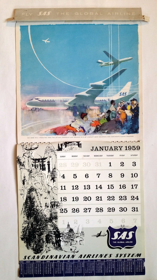 1958 Otto Nielsen SAS Airlines Calendar - Original Vintage Calendar