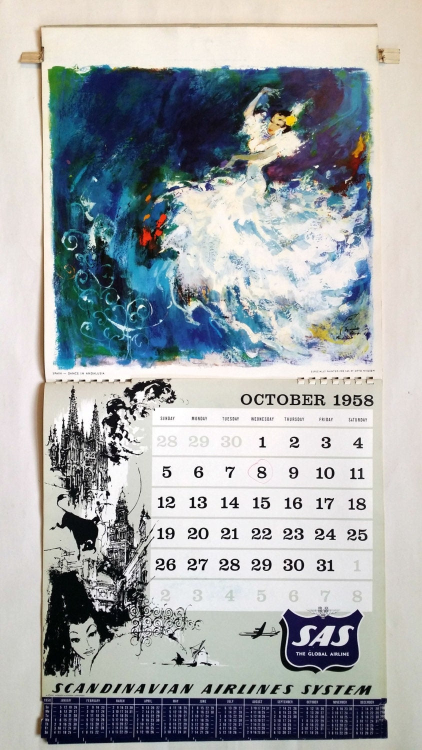 1958 Otto Nielsen SAS Airlines Calendar - Original Vintage Calendar