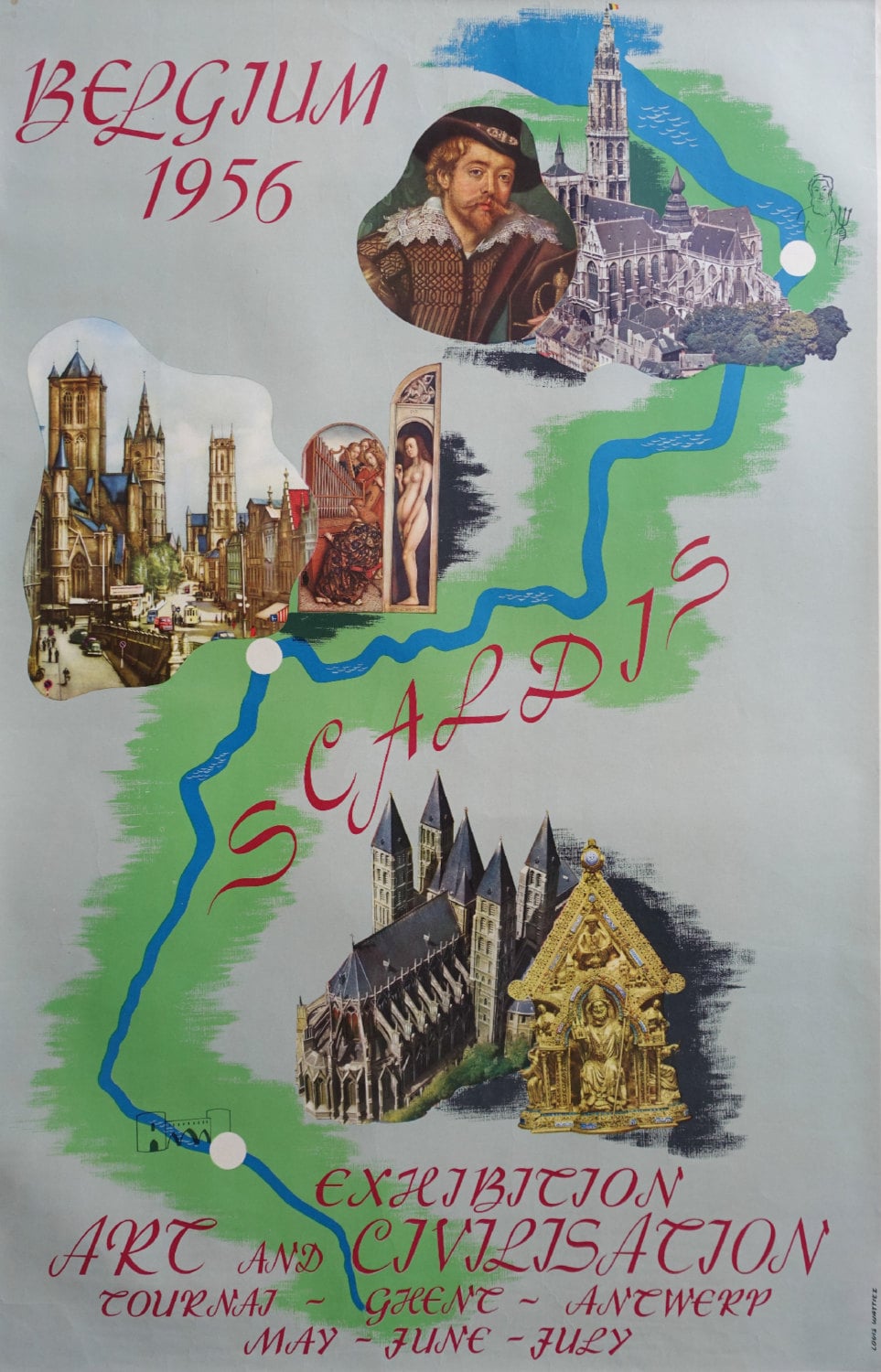 1956 Belgian Travel Poster "Exhibition Art and Civilization" - Original Vintage Poster