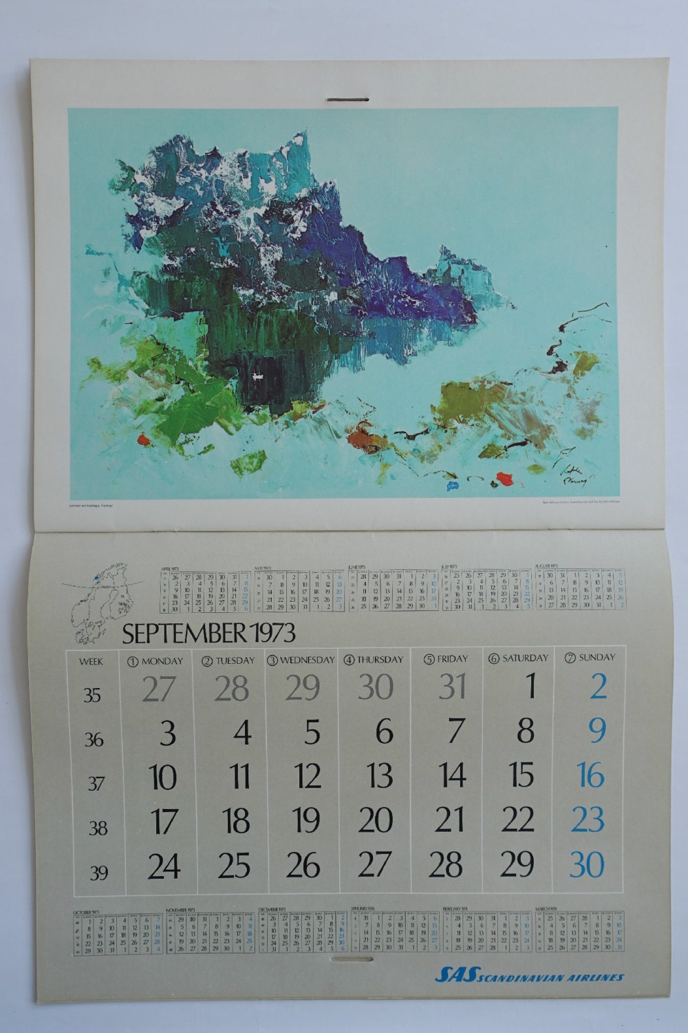 1973 Otto Nielsen SAS Airlines Calendar - Original Vintage Calendar