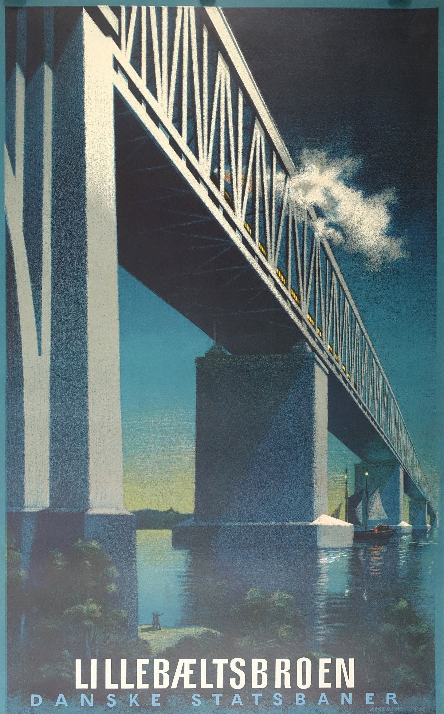 1951 Little Belt Bridge/Danish State Railways by Aage Rasmussen - Original Vintage Poster
