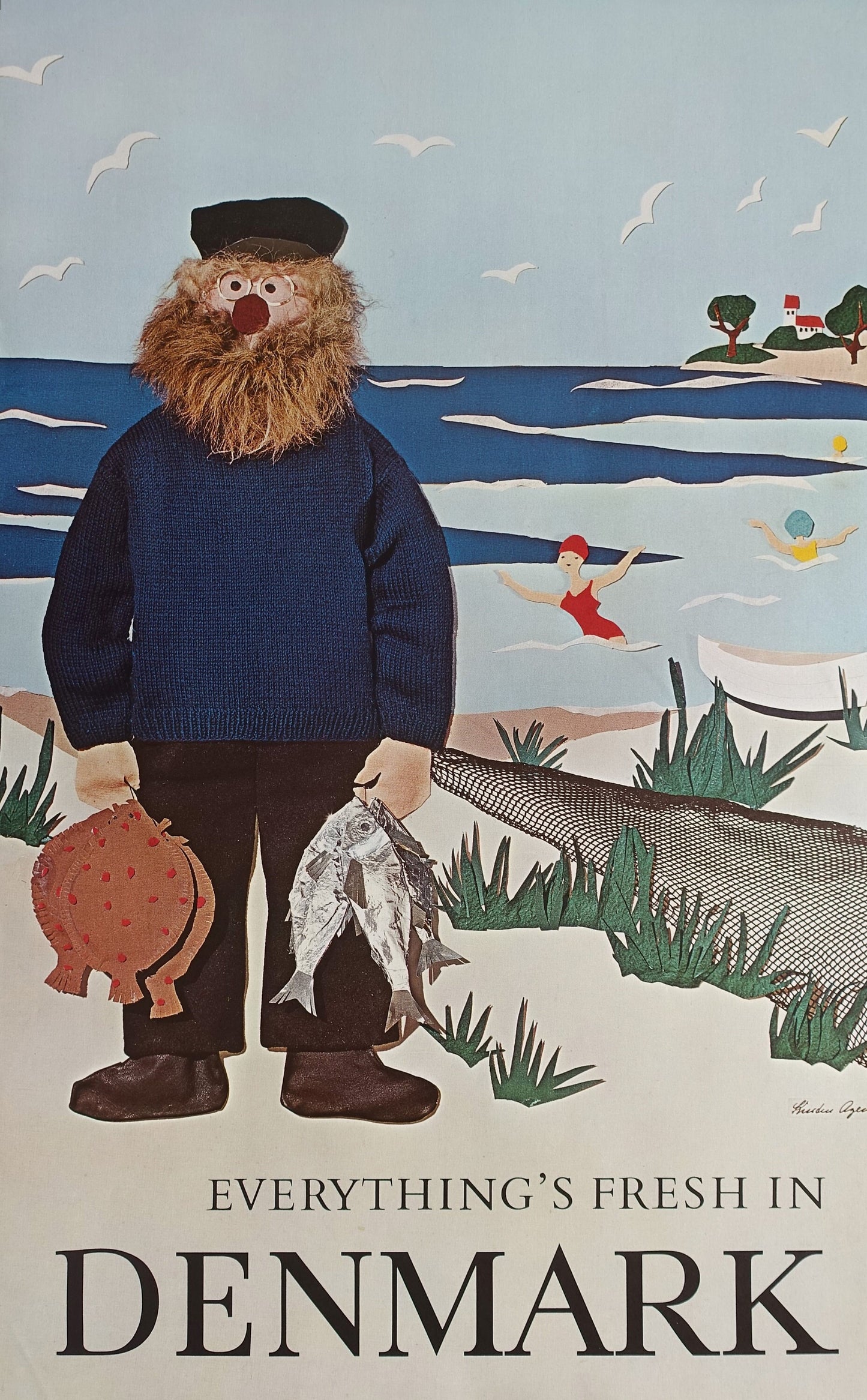 1971 Denmark Travel Poster Fisherman - Original Vintage Poster
