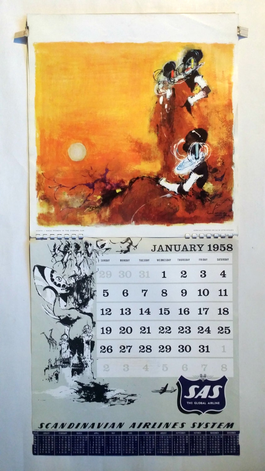 1958 Otto Nielsen SAS Airlines Calendar - Original Vintage Calendar