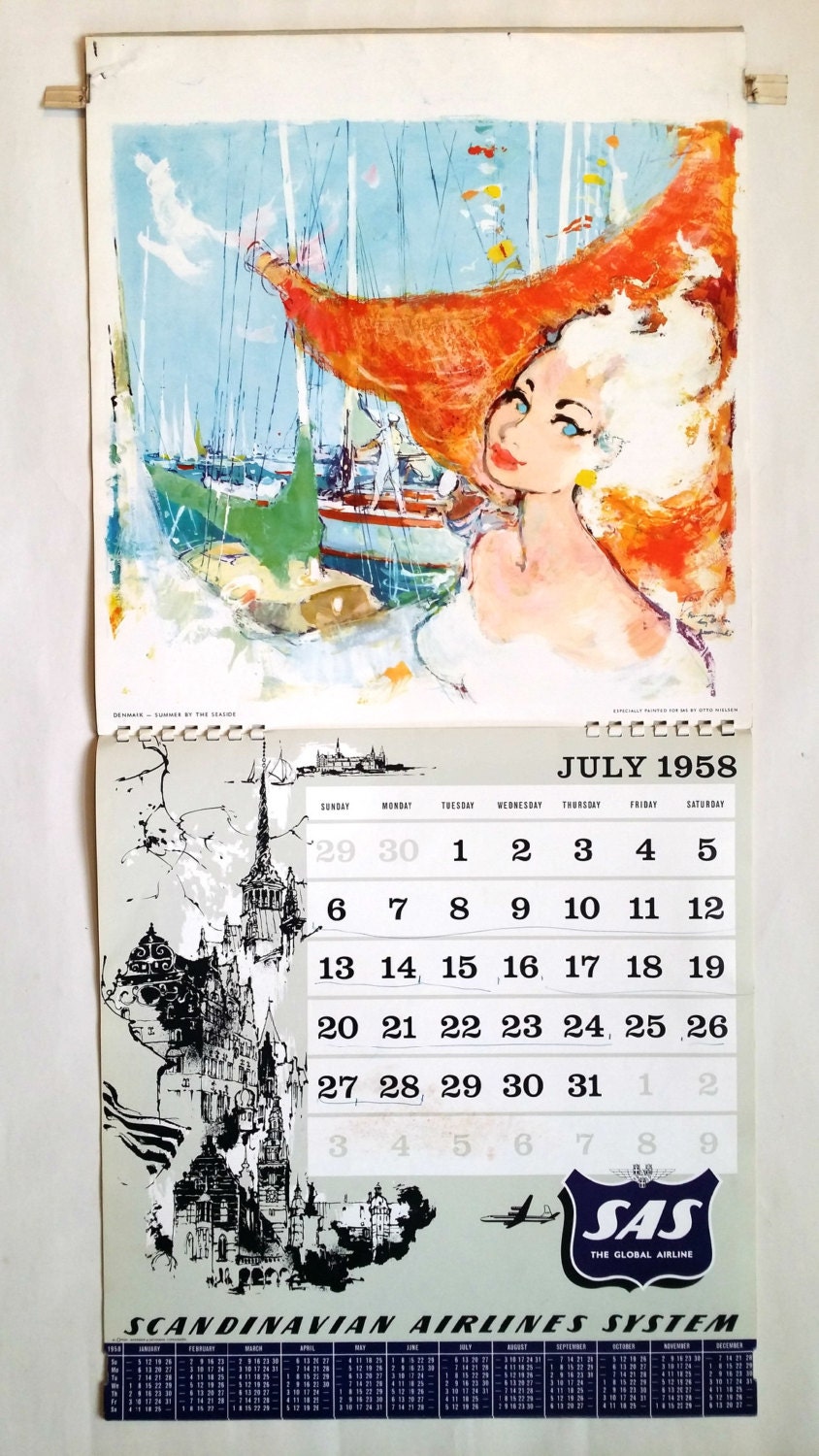 1958 Otto Nielsen SAS Airlines Calendar - Original Vintage Calendar
